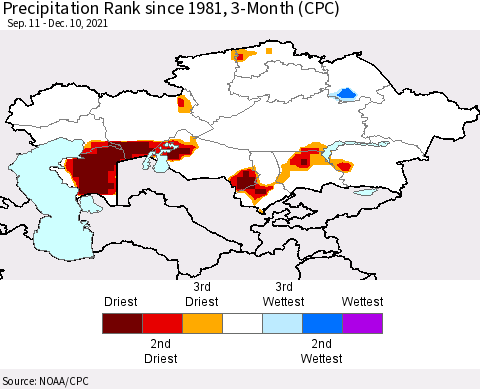 Kazakhstan Precipitation Rank since 1981, 3-Month (CPC) Thematic Map For 9/11/2021 - 12/10/2021