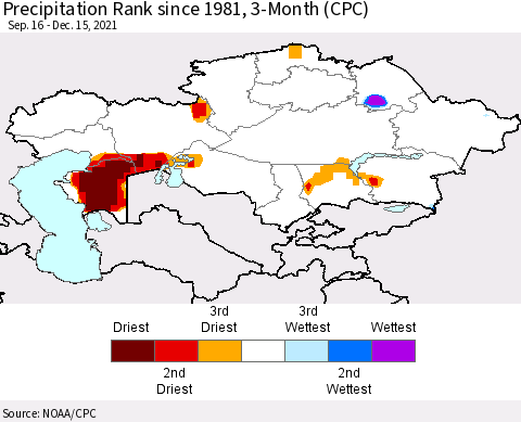 Kazakhstan Precipitation Rank since 1981, 3-Month (CPC) Thematic Map For 9/16/2021 - 12/15/2021