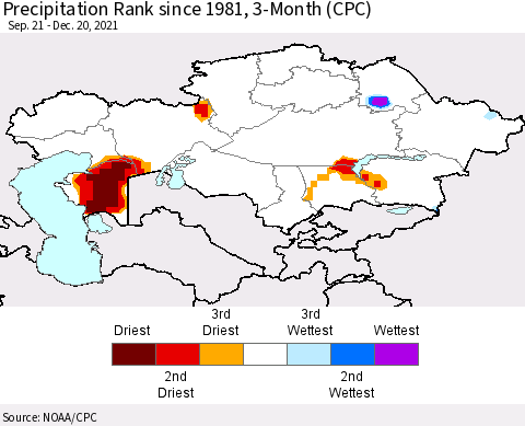 Kazakhstan Precipitation Rank since 1981, 3-Month (CPC) Thematic Map For 9/21/2021 - 12/20/2021