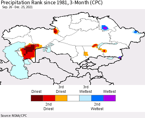 Kazakhstan Precipitation Rank since 1981, 3-Month (CPC) Thematic Map For 9/26/2021 - 12/25/2021
