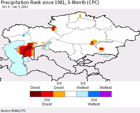 Kazakhstan Precipitation Rank since 1981, 3-Month (CPC) Thematic Map For 10/6/2021 - 1/5/2022