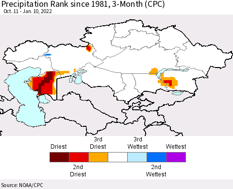 Kazakhstan Precipitation Rank since 1981, 3-Month (CPC) Thematic Map For 10/11/2021 - 1/10/2022