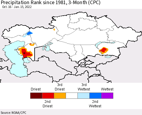 Kazakhstan Precipitation Rank since 1981, 3-Month (CPC) Thematic Map For 10/16/2021 - 1/15/2022