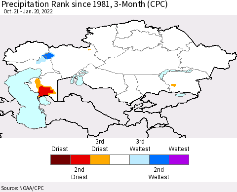 Kazakhstan Precipitation Rank since 1981, 3-Month (CPC) Thematic Map For 10/21/2021 - 1/20/2022