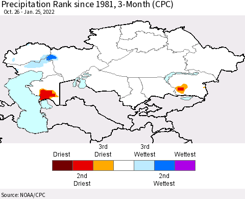 Kazakhstan Precipitation Rank since 1981, 3-Month (CPC) Thematic Map For 10/26/2021 - 1/25/2022