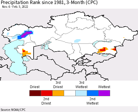 Kazakhstan Precipitation Rank since 1981, 3-Month (CPC) Thematic Map For 11/6/2021 - 2/5/2022