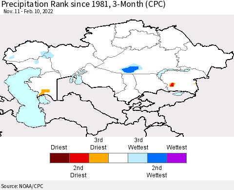 Kazakhstan Precipitation Rank since 1981, 3-Month (CPC) Thematic Map For 11/11/2021 - 2/10/2022