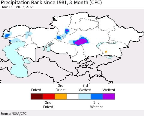 Kazakhstan Precipitation Rank since 1981, 3-Month (CPC) Thematic Map For 11/16/2021 - 2/15/2022