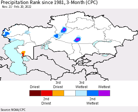 Kazakhstan Precipitation Rank since 1981, 3-Month (CPC) Thematic Map For 11/21/2021 - 2/20/2022