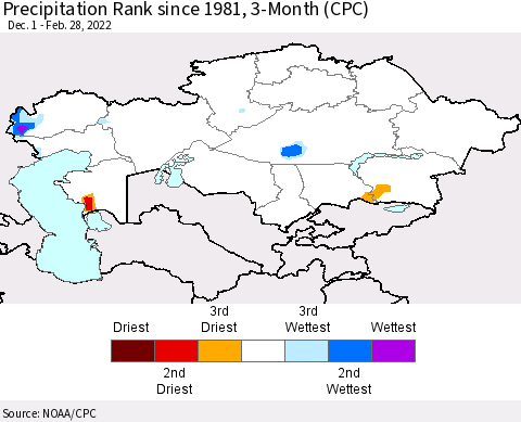 Kazakhstan Precipitation Rank since 1981, 3-Month (CPC) Thematic Map For 12/1/2021 - 2/28/2022