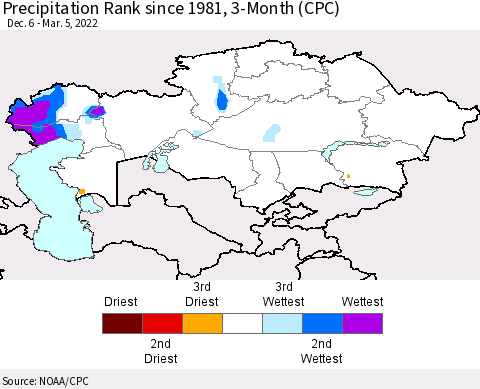 Kazakhstan Precipitation Rank since 1981, 3-Month (CPC) Thematic Map For 12/6/2021 - 3/5/2022