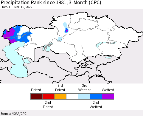 Kazakhstan Precipitation Rank since 1981, 3-Month (CPC) Thematic Map For 12/11/2021 - 3/10/2022