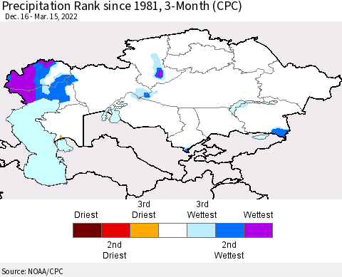 Kazakhstan Precipitation Rank since 1981, 3-Month (CPC) Thematic Map For 12/16/2021 - 3/15/2022