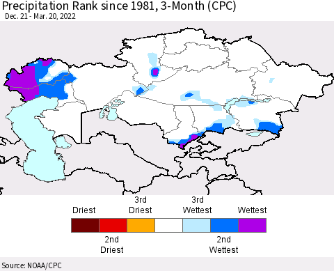 Kazakhstan Precipitation Rank since 1981, 3-Month (CPC) Thematic Map For 12/21/2021 - 3/20/2022