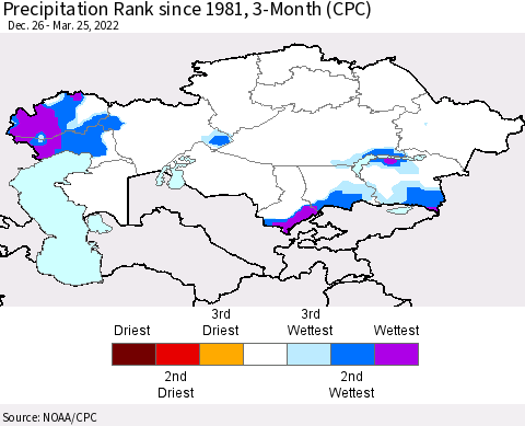 Kazakhstan Precipitation Rank since 1981, 3-Month (CPC) Thematic Map For 12/26/2021 - 3/25/2022