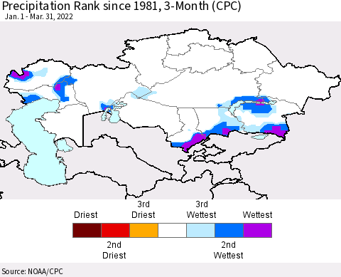 Kazakhstan Precipitation Rank since 1981, 3-Month (CPC) Thematic Map For 1/1/2022 - 3/31/2022