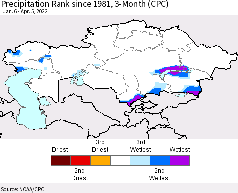 Kazakhstan Precipitation Rank since 1981, 3-Month (CPC) Thematic Map For 1/6/2022 - 4/5/2022