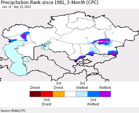 Kazakhstan Precipitation Rank since 1981, 3-Month (CPC) Thematic Map For 1/11/2022 - 4/10/2022
