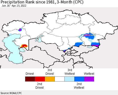 Kazakhstan Precipitation Rank since 1981, 3-Month (CPC) Thematic Map For 1/16/2022 - 4/15/2022