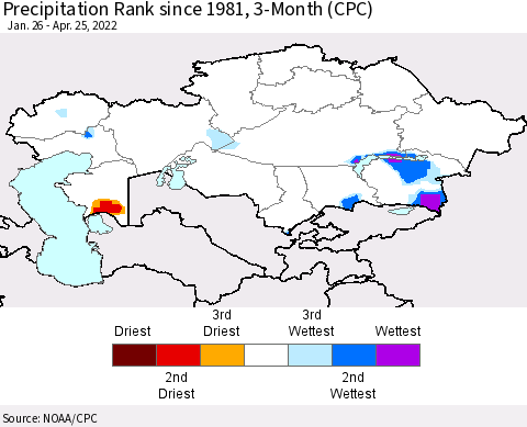 Kazakhstan Precipitation Rank since 1981, 3-Month (CPC) Thematic Map For 1/26/2022 - 4/25/2022