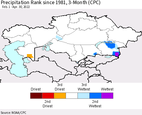 Kazakhstan Precipitation Rank since 1981, 3-Month (CPC) Thematic Map For 2/1/2022 - 4/30/2022