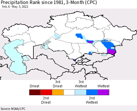 Kazakhstan Precipitation Rank since 1981, 3-Month (CPC) Thematic Map For 2/6/2022 - 5/5/2022