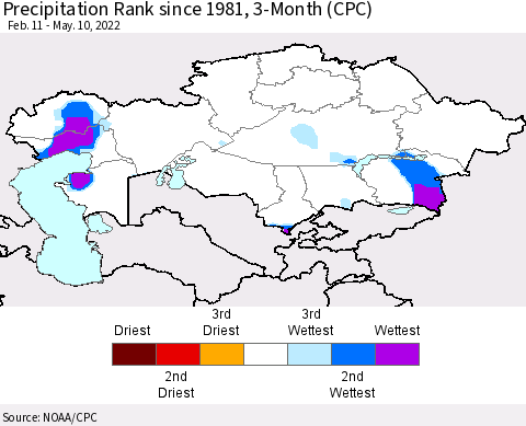 Kazakhstan Precipitation Rank since 1981, 3-Month (CPC) Thematic Map For 2/11/2022 - 5/10/2022