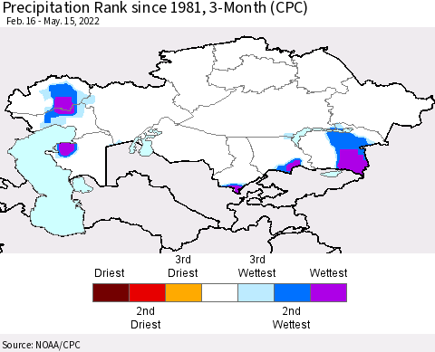 Kazakhstan Precipitation Rank since 1981, 3-Month (CPC) Thematic Map For 2/16/2022 - 5/15/2022