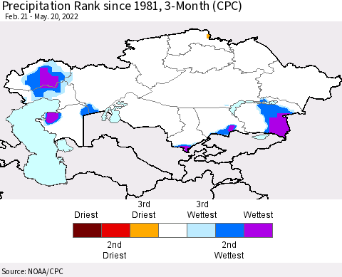 Kazakhstan Precipitation Rank since 1981, 3-Month (CPC) Thematic Map For 2/21/2022 - 5/20/2022