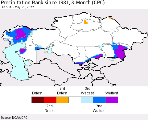 Kazakhstan Precipitation Rank since 1981, 3-Month (CPC) Thematic Map For 2/26/2022 - 5/25/2022