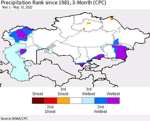 Kazakhstan Precipitation Rank since 1981, 3-Month (CPC) Thematic Map For 3/1/2022 - 5/31/2022