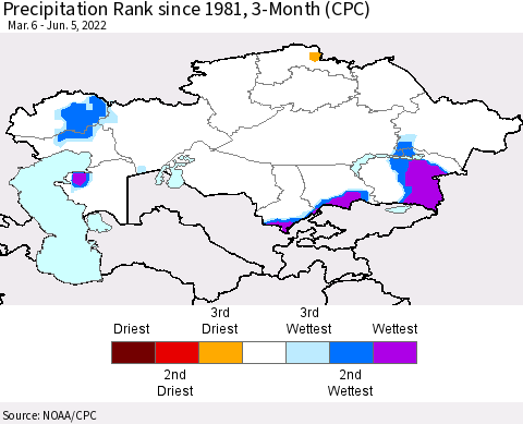 Kazakhstan Precipitation Rank since 1981, 3-Month (CPC) Thematic Map For 3/6/2022 - 6/5/2022
