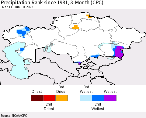 Kazakhstan Precipitation Rank since 1981, 3-Month (CPC) Thematic Map For 3/11/2022 - 6/10/2022