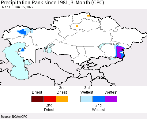 Kazakhstan Precipitation Rank since 1981, 3-Month (CPC) Thematic Map For 3/16/2022 - 6/15/2022