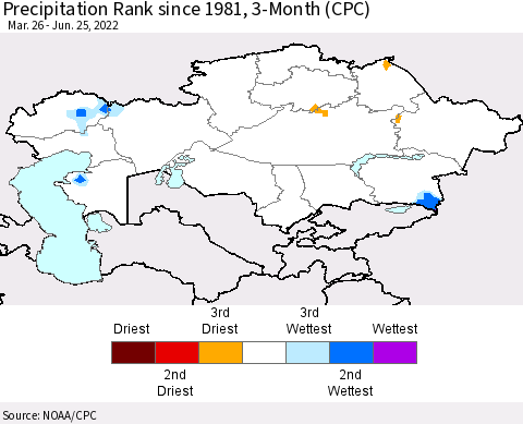 Kazakhstan Precipitation Rank since 1981, 3-Month (CPC) Thematic Map For 3/26/2022 - 6/25/2022