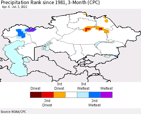 Kazakhstan Precipitation Rank since 1981, 3-Month (CPC) Thematic Map For 4/6/2022 - 7/5/2022