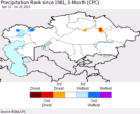 Kazakhstan Precipitation Rank since 1981, 3-Month (CPC) Thematic Map For 4/11/2022 - 7/10/2022