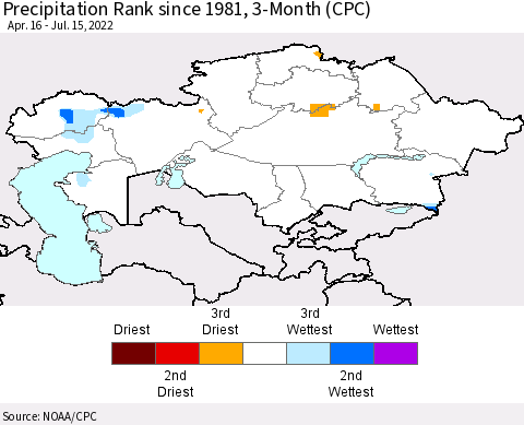 Kazakhstan Precipitation Rank since 1981, 3-Month (CPC) Thematic Map For 4/16/2022 - 7/15/2022