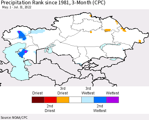 Kazakhstan Precipitation Rank since 1981, 3-Month (CPC) Thematic Map For 5/1/2022 - 7/31/2022