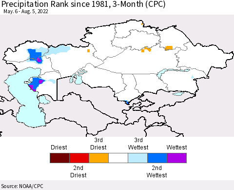Kazakhstan Precipitation Rank since 1981, 3-Month (CPC) Thematic Map For 5/6/2022 - 8/5/2022