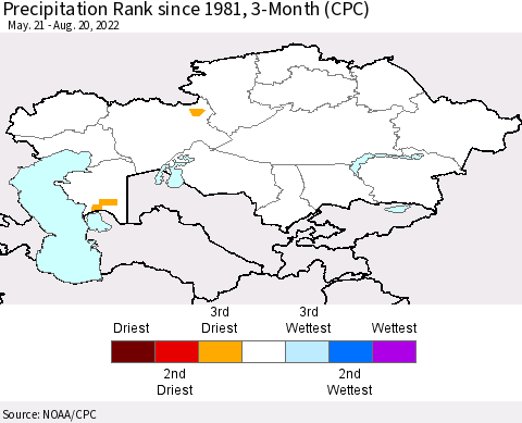 Kazakhstan Precipitation Rank since 1981, 3-Month (CPC) Thematic Map For 5/21/2022 - 8/20/2022