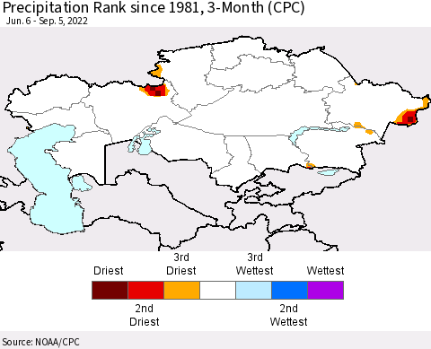 Kazakhstan Precipitation Rank since 1981, 3-Month (CPC) Thematic Map For 6/6/2022 - 9/5/2022