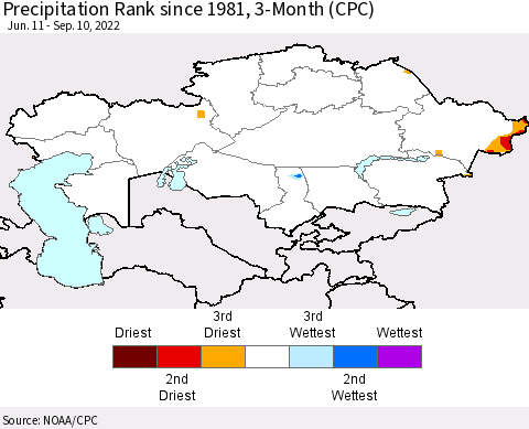Kazakhstan Precipitation Rank since 1981, 3-Month (CPC) Thematic Map For 6/11/2022 - 9/10/2022