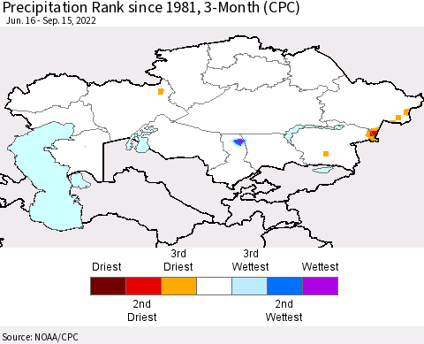 Kazakhstan Precipitation Rank since 1981, 3-Month (CPC) Thematic Map For 6/16/2022 - 9/15/2022