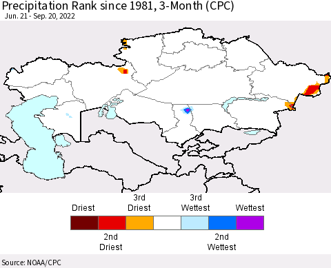 Kazakhstan Precipitation Rank since 1981, 3-Month (CPC) Thematic Map For 6/21/2022 - 9/20/2022