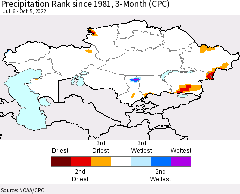 Kazakhstan Precipitation Rank since 1981, 3-Month (CPC) Thematic Map For 7/6/2022 - 10/5/2022