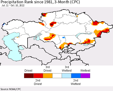Kazakhstan Precipitation Rank since 1981, 3-Month (CPC) Thematic Map For 7/11/2022 - 10/10/2022