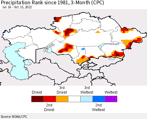Kazakhstan Precipitation Rank since 1981, 3-Month (CPC) Thematic Map For 7/16/2022 - 10/15/2022