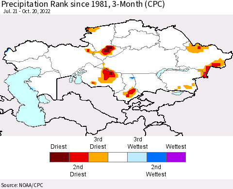 Kazakhstan Precipitation Rank since 1981, 3-Month (CPC) Thematic Map For 7/21/2022 - 10/20/2022