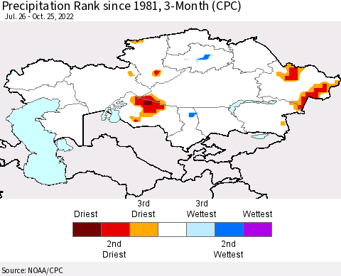 Kazakhstan Precipitation Rank since 1981, 3-Month (CPC) Thematic Map For 7/26/2022 - 10/25/2022